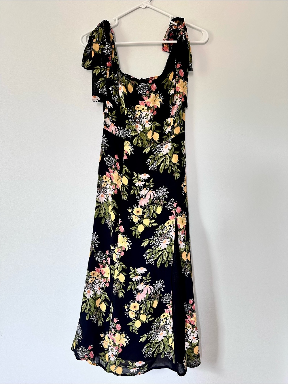Reformation Black Floral Midi Dress with Yellow & Pink Blooms